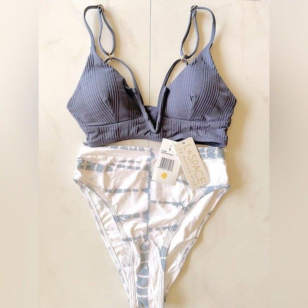 Nwt l*space blue ribbed v siren top high waist tie dye frenchi bottom